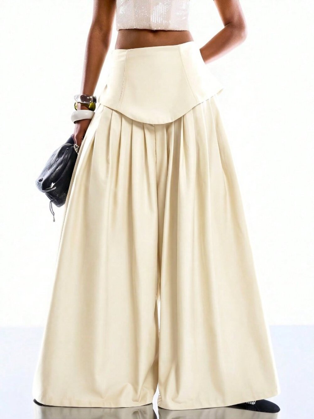 Beige Casual Women's Minimalist Pleated Wide-Leg Pants - Picture 6 of 6